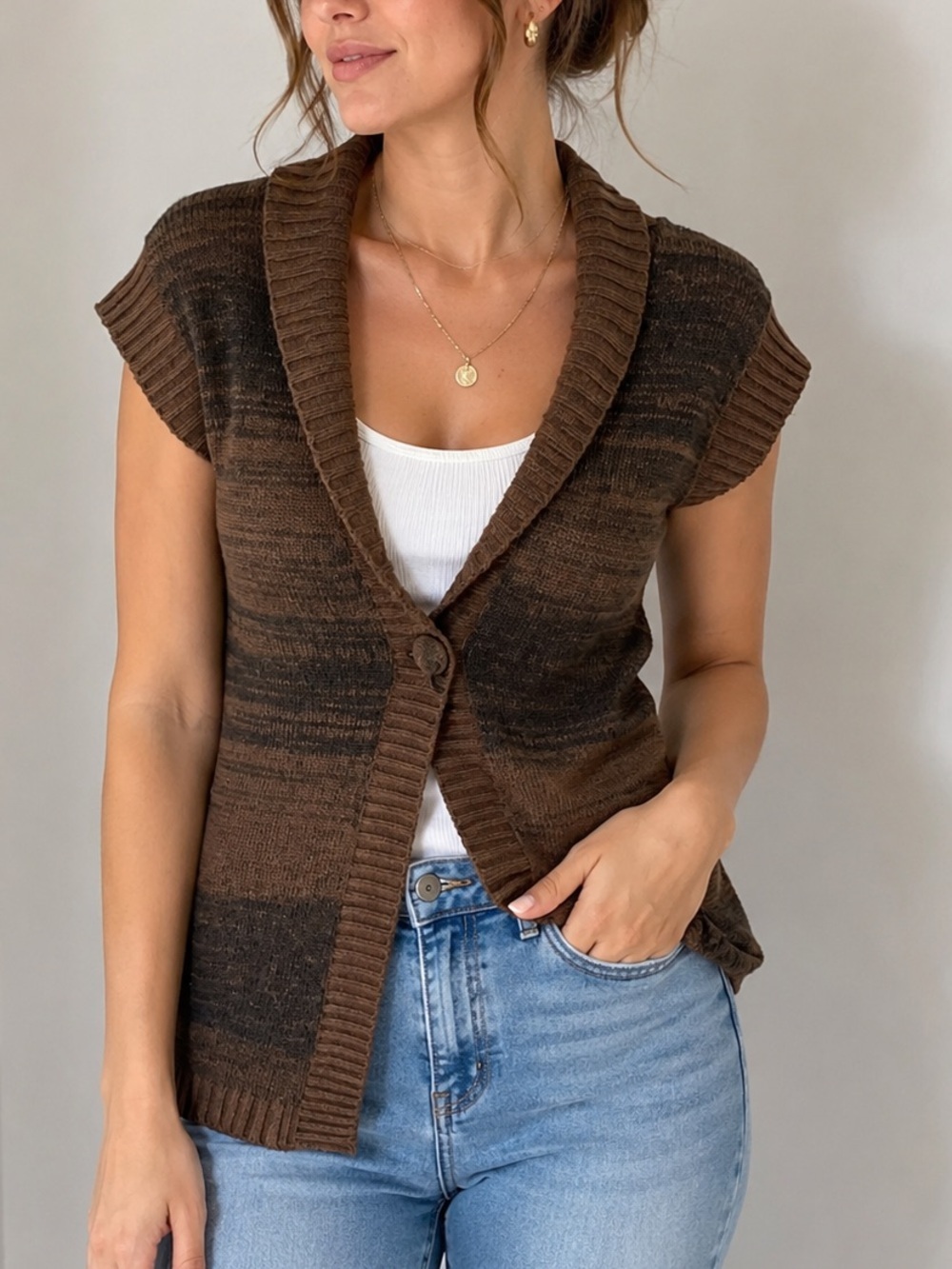 B.U.M. Equipment Brown Space Dye Short Sleeve Knit Cardigan Sweater XS